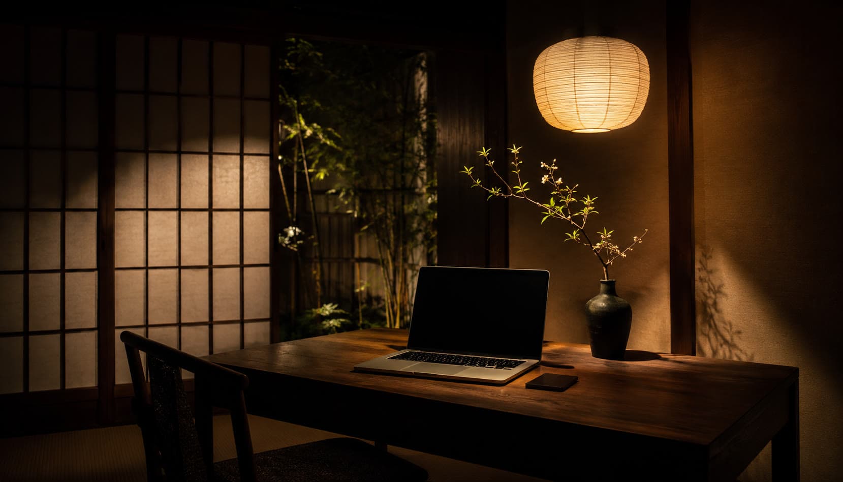 Dark Japanese-minimal workspace, lit by a single warm lantern