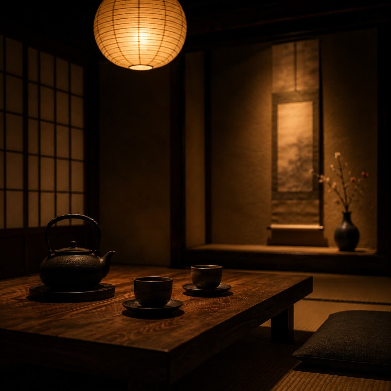 Low tatami lounge with a clay teapot under a single lantern