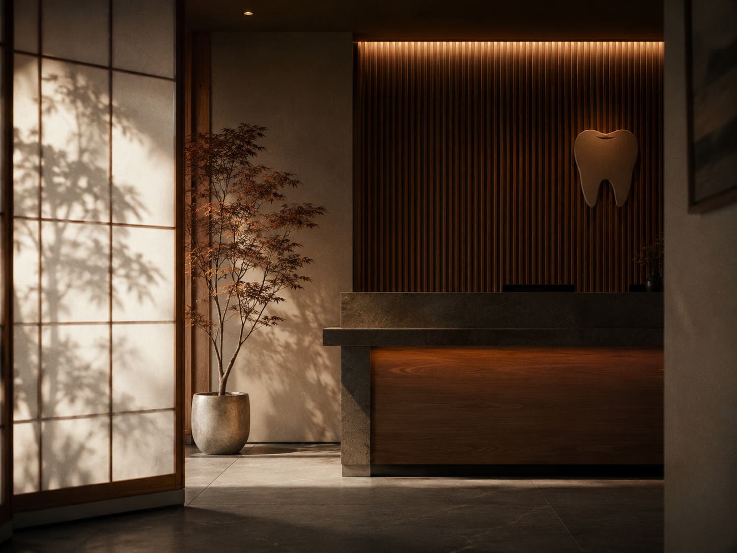 Dental clinic reception in warm Japanese-minimal style